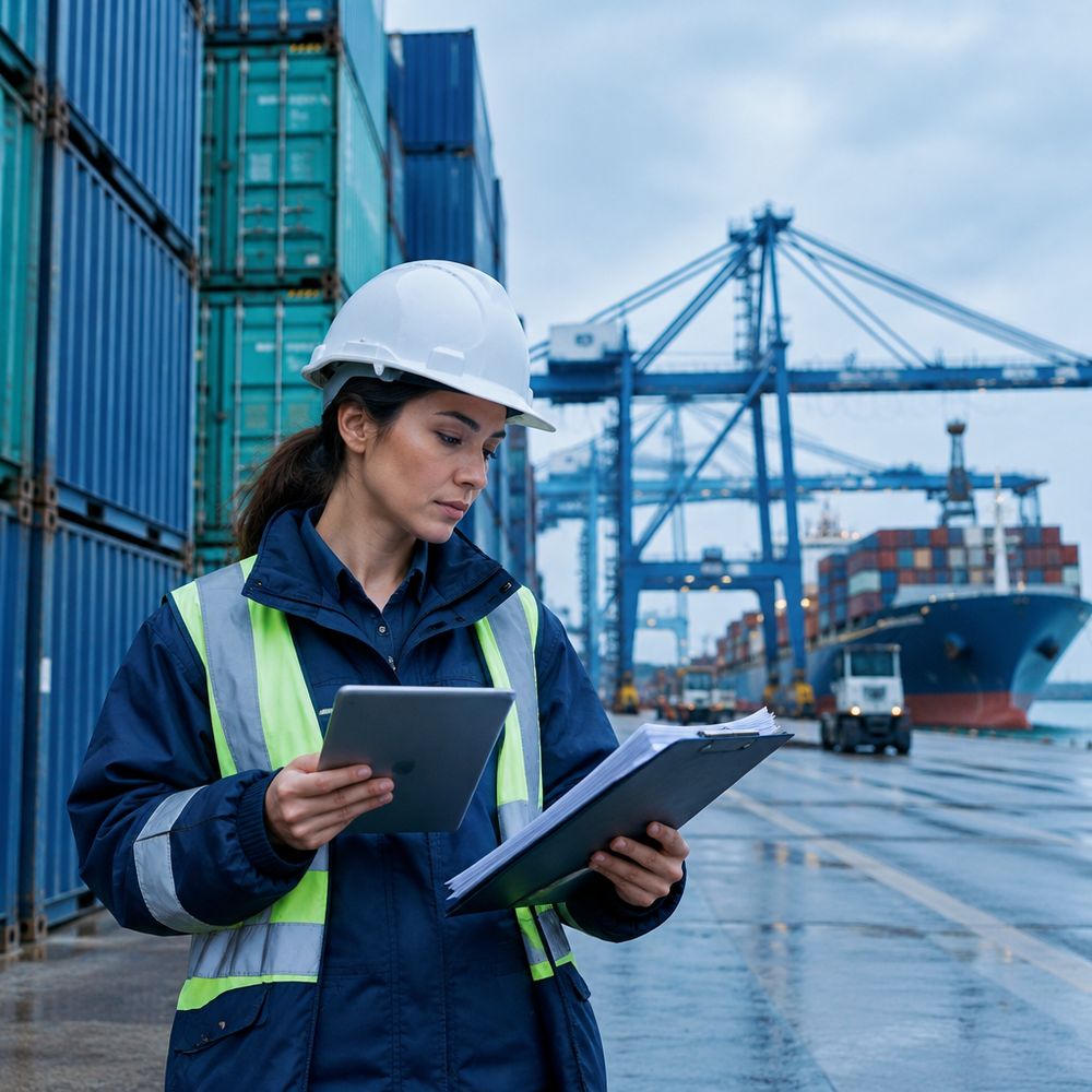 Logistics coordinator checking shipping documents at a container port